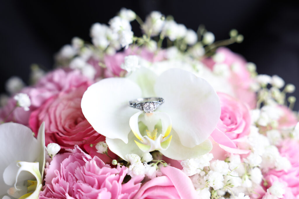 Engagement ring on a wedding bouquet